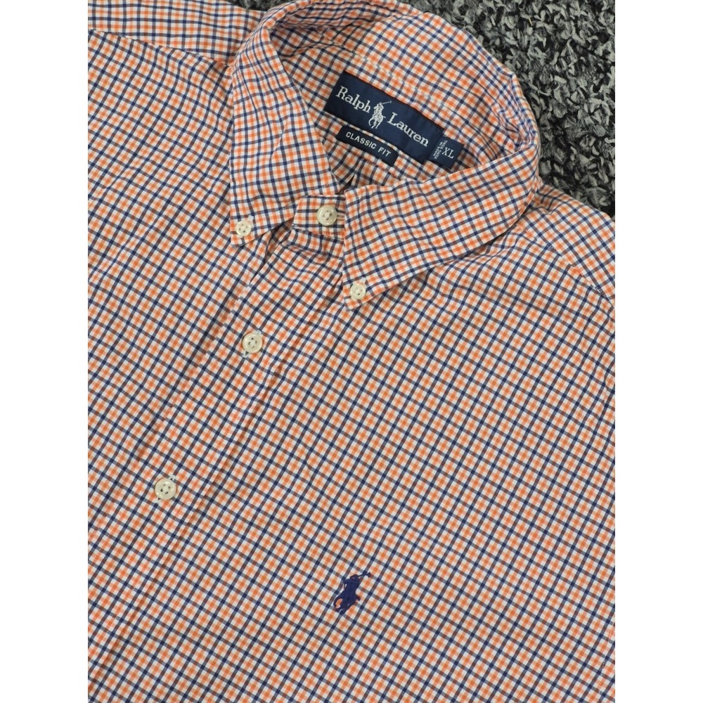 Ralph Lauren Classic Fit Short Sleeve XL Orange‎ Blue Plaid Button Down Shirt